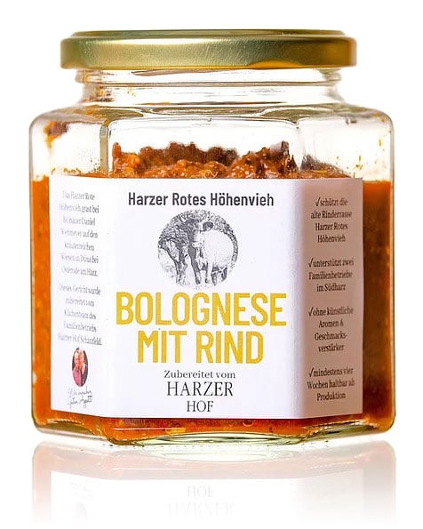 Einmachglas mit Bolognese vom Harzer Roten Höhenvieh, zubereitet vom Harzer Hof