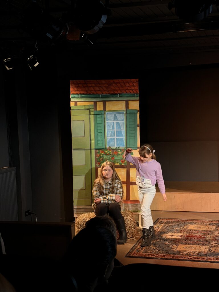 Szene aus dem Kindermusical vor einem gemalten Fachwerkhaus im Hoftheater Scharzfeld